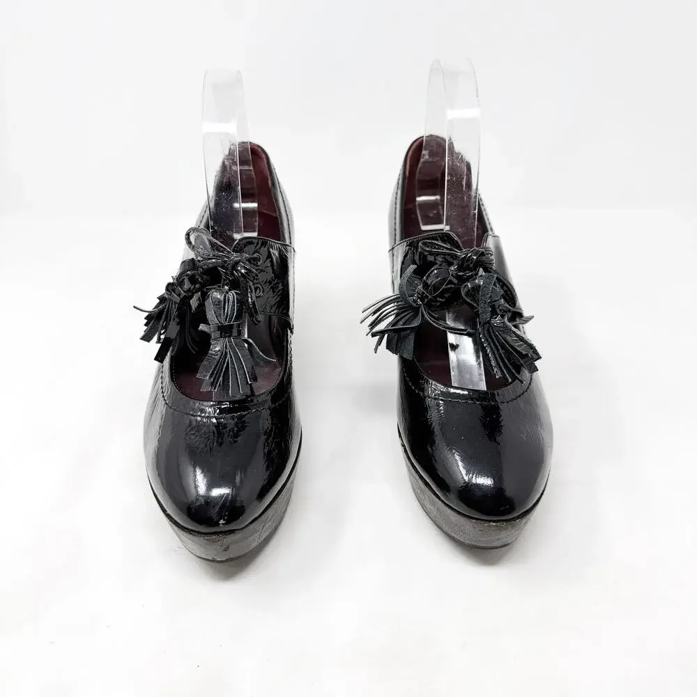 [Sonia Rykiel] Black Patent Leather Platform Wedges Tasseled Oxford Heels Sz 7.5